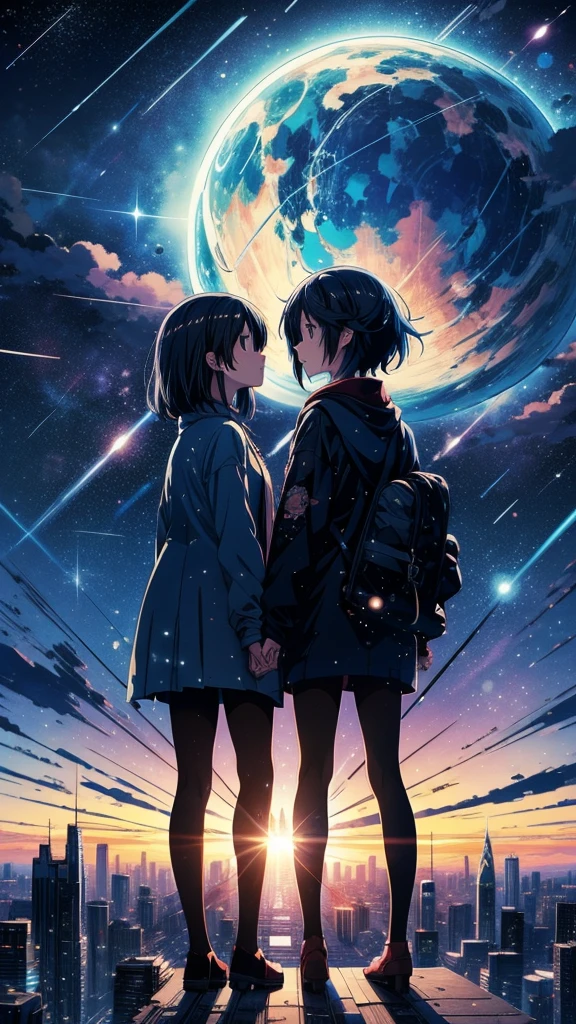 Beautiful sky anime scene with stars and planets, Space Sky. by makoto shinkai, anime art wallpaper 4k, anime art wallpaper 4k, Anime Art Wallpapers 8K, anime wallpaper 4k, anime wallpaper 4k, 4k anime wallpaper, Anime Sky, Awesome Wallpapers, Anime Background, Heavenly planets in the background, Anime Background art,Two girls silhouette、Looking up at the night sky