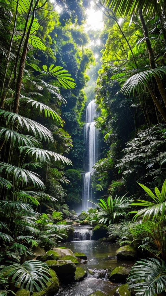 "Create an AI-generated image of a dense jungle. The scene should be lush and vibrant, with a variety of trees, plants, and flowers in different shades of green. Include tall trees with thick canopies, vines hanging down, and underbrush filled with ferns and shrubs. Add some wildlife such as colorful birds, monkeys, and insects to bring the jungle to life. The lighting should be dappled, with rays of sunlight filtering through the leaves, creating a mystical and serene atmosphere. Include a small, clear stream or waterfall to add a sense of tranquility and natural beauty to the scene."