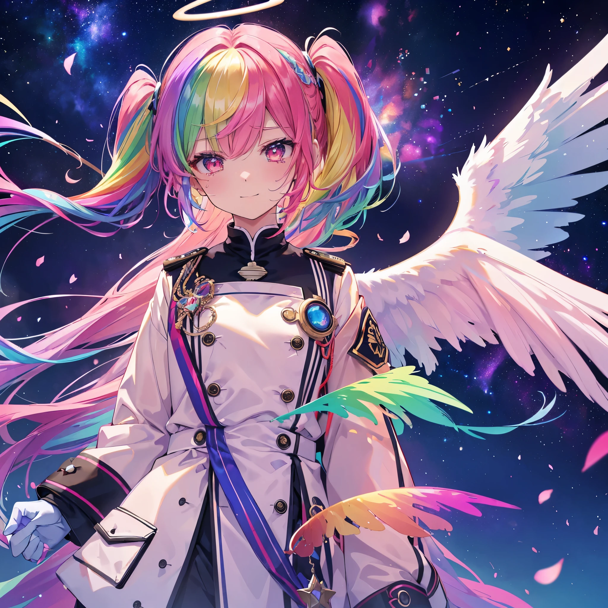 ((((Archangel、Angel Halo、Big Wings、Rainbow light)))) (((Fantasy Rainbow Hair、Blowing in the Wind Dye the inside of your hair rainbow colors Twin tails Dull red eyes There is a galaxy uniform、Put on a coat without putting your arms through it Lonely Smiling Kindly front、Close-up))) ((tears gloves)) (Broken glass Rolling Pebble star) Catch the wind milky way Shining Background Particles of light, rainbow colored edges star