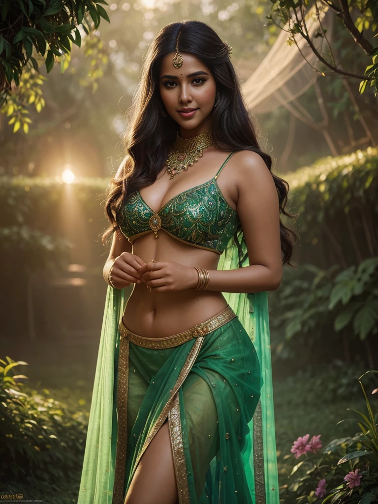 Full body posing shot, (masterpiece fantasy photography:1.3) of a (solo:1.3) ravishing elegant chubby supermodel Sonam Bajwa as persian bride, in a elegant green farm, wearing shimmering red lehenga and blouse, navel, glittering henna tattoos, (ravishing long wavy backlit hair), enchanting, (glowing intricate eyes:1.3), (adorable smile:1.3) soft dramatic lighting, flower bouqets everywhere, backlit, light rays, highly detailed, trending on artstation, paint splashes, rich colour, fantasy portrait, by atey ghailan & greg Rutkowski, deep cleavage,