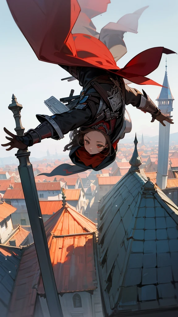 girl from Assassin's Creed jumping from roof to roof, in a hood, in black and red