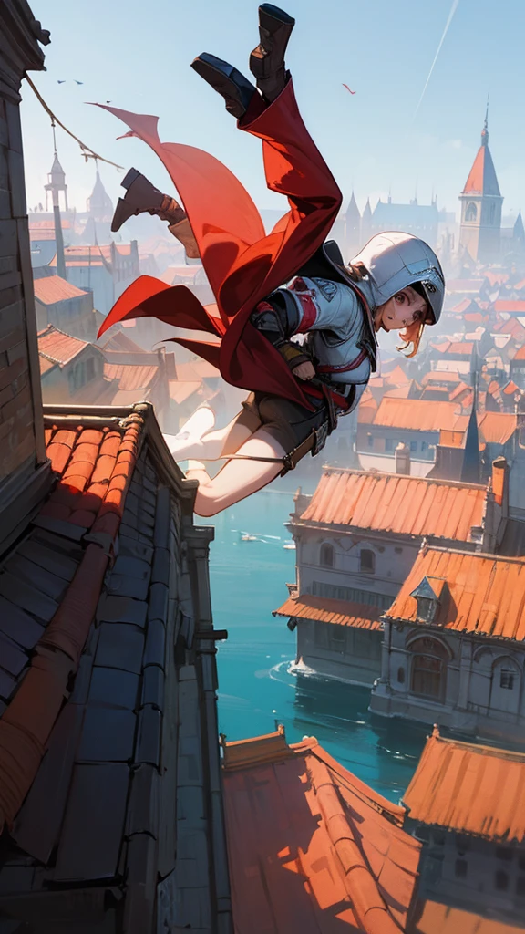girl from Assassin's Creed jumping from roof to roof, in a hood, in black and red