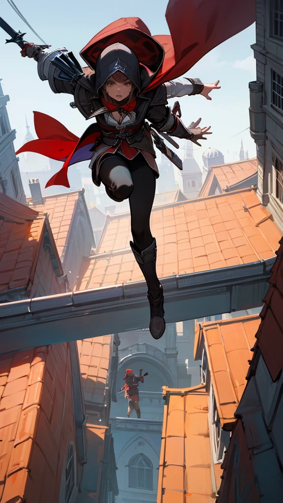 girl from Assassin's Creed jumping from roof to roof, in a hood, in black and red
