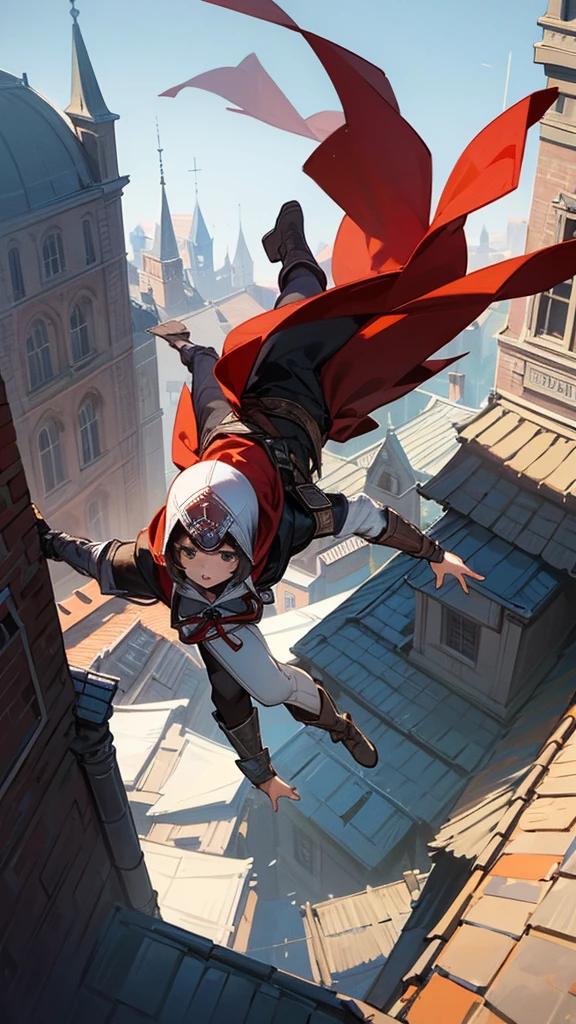 girl from assin's Creed jumping from roof to roof, in a hood, in black and red