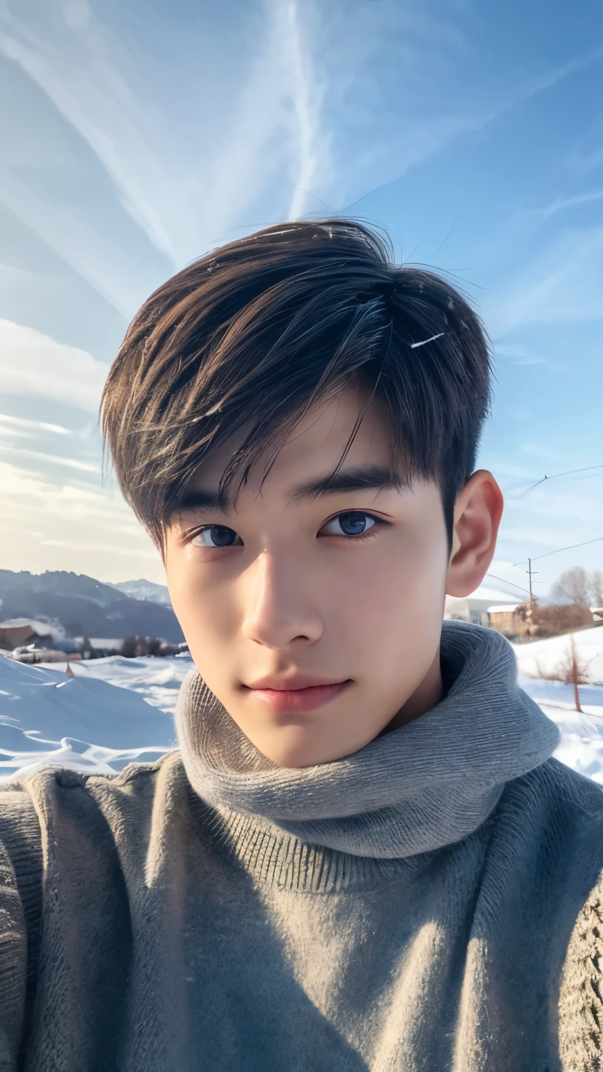 Highest quality, masterpiece, Ultra-high resolution, (Realistic: 1.4), Original photo, wallpaper, Head Photo,looking at the camera, Simple Background, Iris, detailed, Selfie, 1 boy, 18-year-old, good looking, Wind,Snow Scene,bright skin 