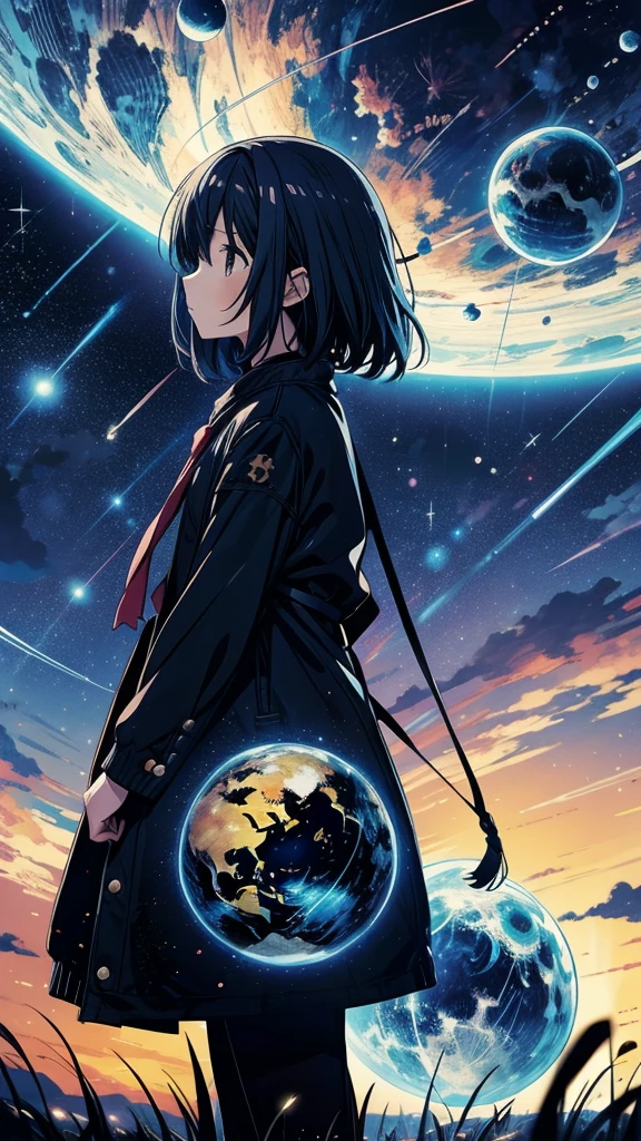 Beautiful sky anime scene with stars and planets, Space Sky. by makoto shinkai, anime art wallpaper 4k, anime art wallpaper 4k, Anime Art Wallpapers 8K, anime wallpaper 4k, anime wallpaper 4k, 4k anime wallpaper, Anime Sky, Awesome Wallpapers, Anime Background, Heavenly planets in the background, Anime Background art,Two girls silhouette、Looking up at the night sky