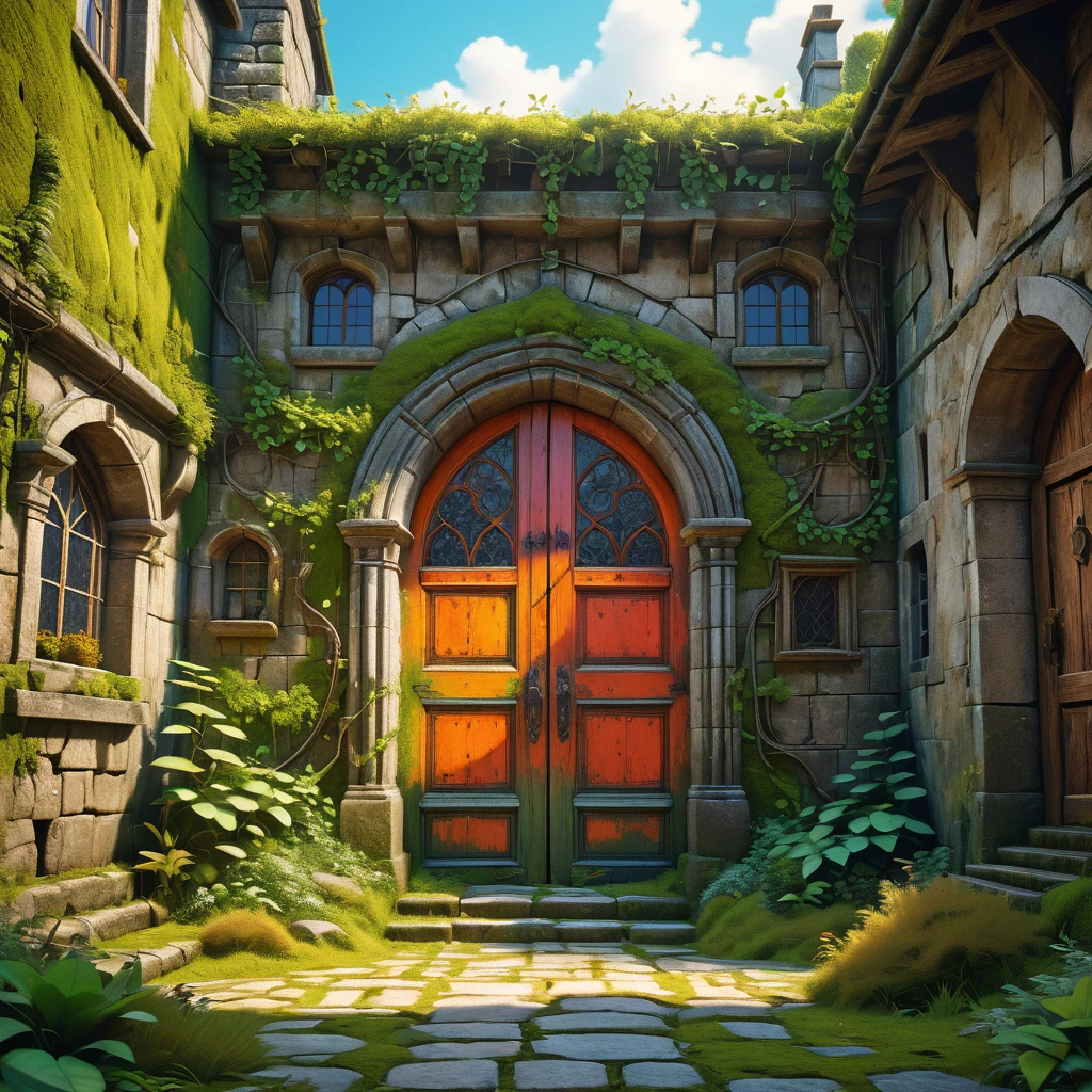 A hyper-realistic 3D digital image of nature invading old place with a medieval door with intricate details and vibrant colors, vine, moss, plants, solarpunk, worn structures, cracks, intricate detail, hyper detail, hyper-maximalism, extremely detailed, fine detail, hyperrealistic,surrealism,ultra hd,realistic, vivid colors, perfect composition, beautifully detailed intricate insanely detailed octane rendering, 8k art photography,natural volumetric lighting, perfect light,UHD