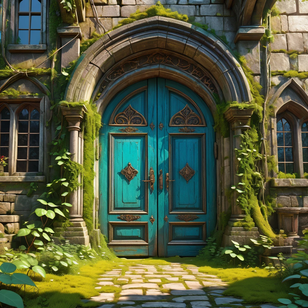 A hyper-realistic 3D digital image of nature invading old place with a medieval door with intricate details and vibrant colors, vine, moss, plants, solarpunk, worn structures, cracks, intricate detail, hyper detail, hyper-maximalism, extremely detailed, fine detail, hyperrealistic,surrealism,ultra hd,realistic, vivid colors, perfect composition, beautifully detailed intricate insanely detailed octane rendering, 8k art photography,natural volumetric lighting, perfect light,UHD