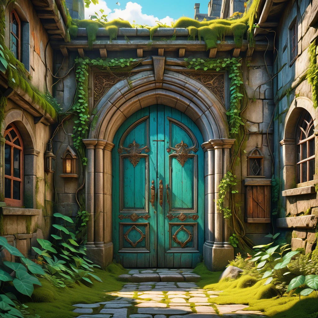 A hyper-realistic 3D digital image of nature invading old place with a medieval door with intricate details and vibrant colors, vine, moss, plants, solarpunk, worn structures, cracks, intricate detail, hyper detail, hyper-maximalism, extremely detailed, fine detail, hyperrealistic,surrealism,ultra hd,realistic, vivid colors, perfect composition, beautifully detailed intricate insanely detailed octane rendering, 8k art photography,natural volumetric lighting, perfect light,UHD