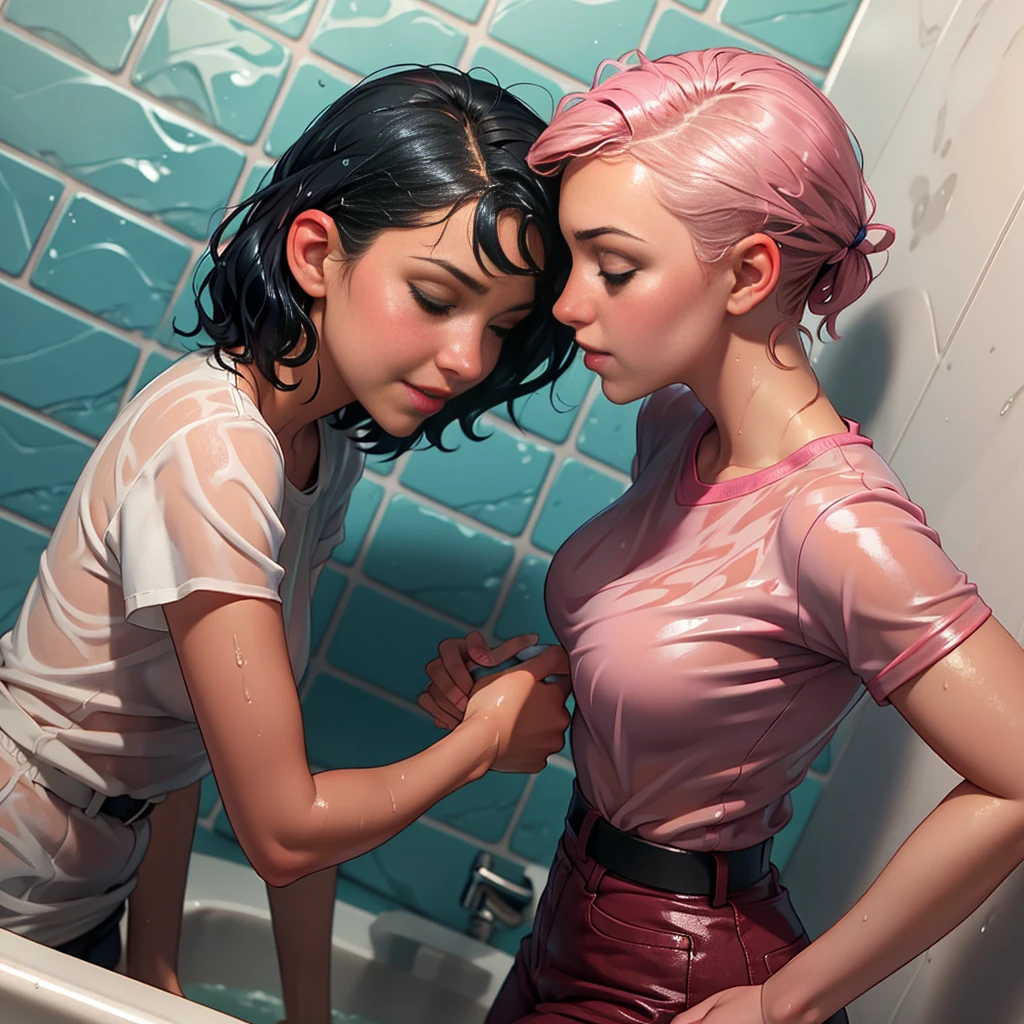 two women in a bathroom looking at each other, lips touching, wet shirt, lesbians, wet, bottom angle, soaking wet, under a shower, sapphic art, cute girls, carnal ) wet, pov photo, darling wash off in the rain, in bathroom, lesbian, two girls, soaked, wet tshirt, bottom shot, wet and slimy, wash off in the rain