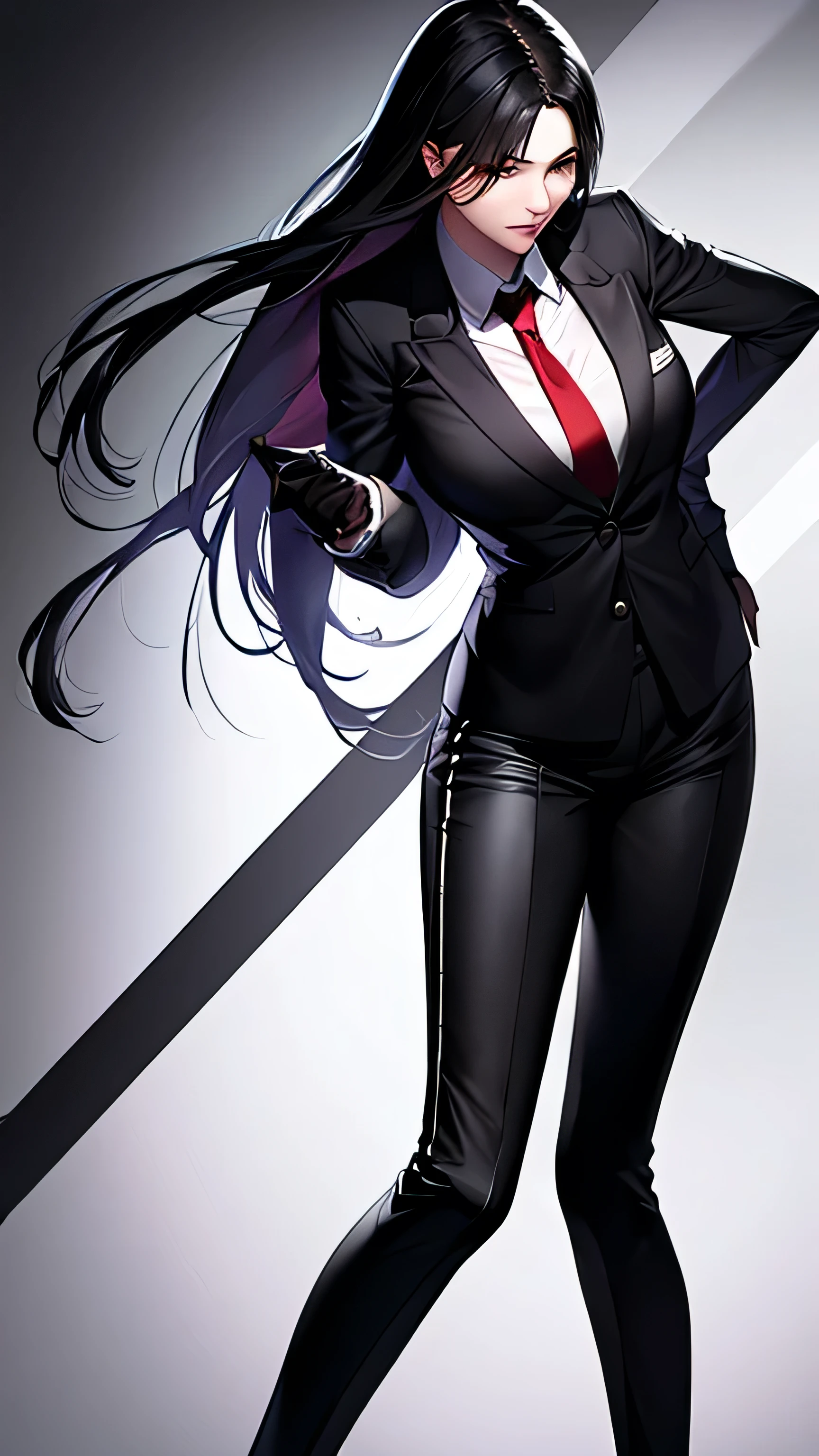 1 girl, 23 years old, long black hair, handsome face, business suit, red tie,long black pants, black leather gloves, boxing stance, punching,high quality, masterpiece