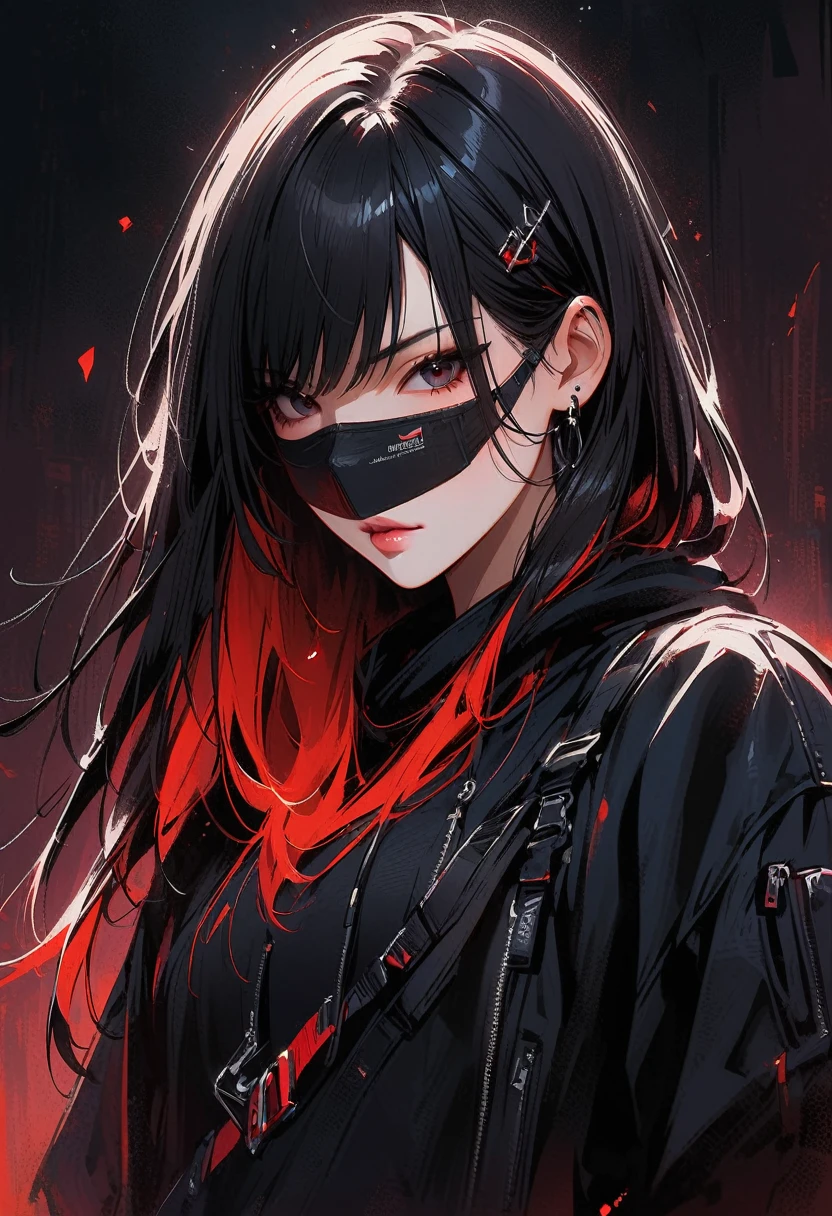 Highest quality、8k、masterpiece:1.3、Gothic Punk、The inside color is red、Black-haired、hair ornaments、Beautiful girl、creative、Dark Fantasy Style、Neogoth、Goth Fashion:1.2、High resolution、masterpiece、Highest quality、頭w:1.3、((Hasselblad Photos))、Fine skin、Sharp focus、(Cinematic lighting)、Realistic textured hair、((Black Mask))