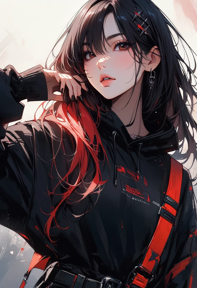 Highest quality、8k、masterpiece:1.3、Gothic Punk、The inside color is red、Black-haired、hair ornaments、Beautiful girl、creative、Dark Fantasy Style、Neogoth、Goth Fashion:1.2、High resolution、masterpiece、Highest quality、頭w:1.3、((Hasselblad Photos))、Fine skin、Sharp focus、(Cinematic lighting)、Realistic textured hair、((Black Mask))