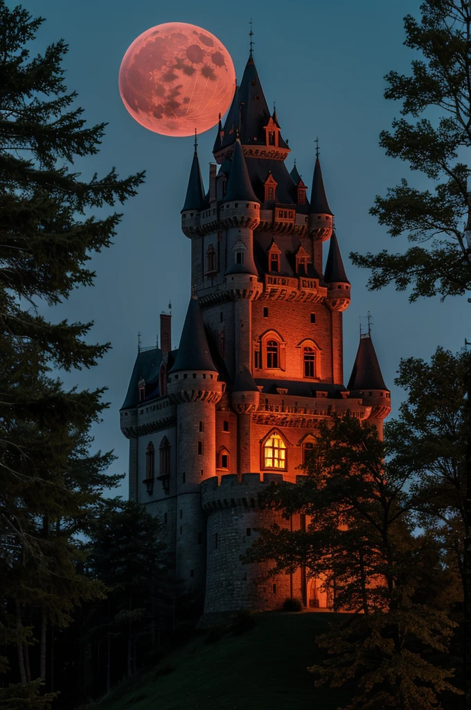 Castle in the middle of the forest with a red moon in the background