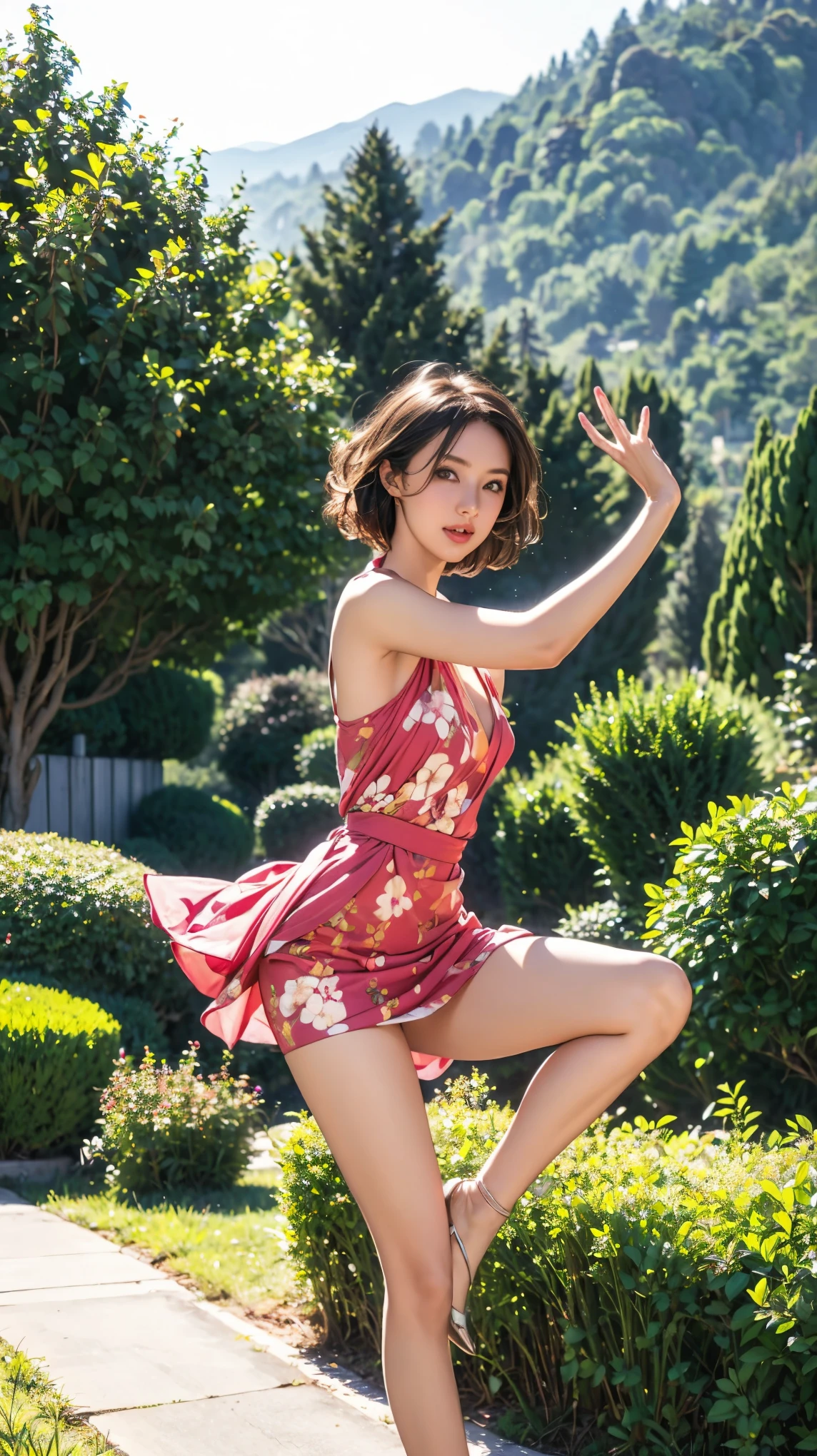 ((masterpiece)),(((Highest quality))),A low-angle shot that highlights beautiful thighs:1.5,Long legs,The best smile:1.lender figure:1.5，whole body:1.5，(One Girl:1.3),(Viewer Display:1.4)，(Pointy high heels:1.3),(Stand with legs apart on the top of a mountain:1.2),(Wearing a floral and plant print mini skirt dress:1.2),Curly and golden hair:1.5，Spulls up her skirt to reveal her sexy mnta panties.:se your arms and jump backwards:1.5，