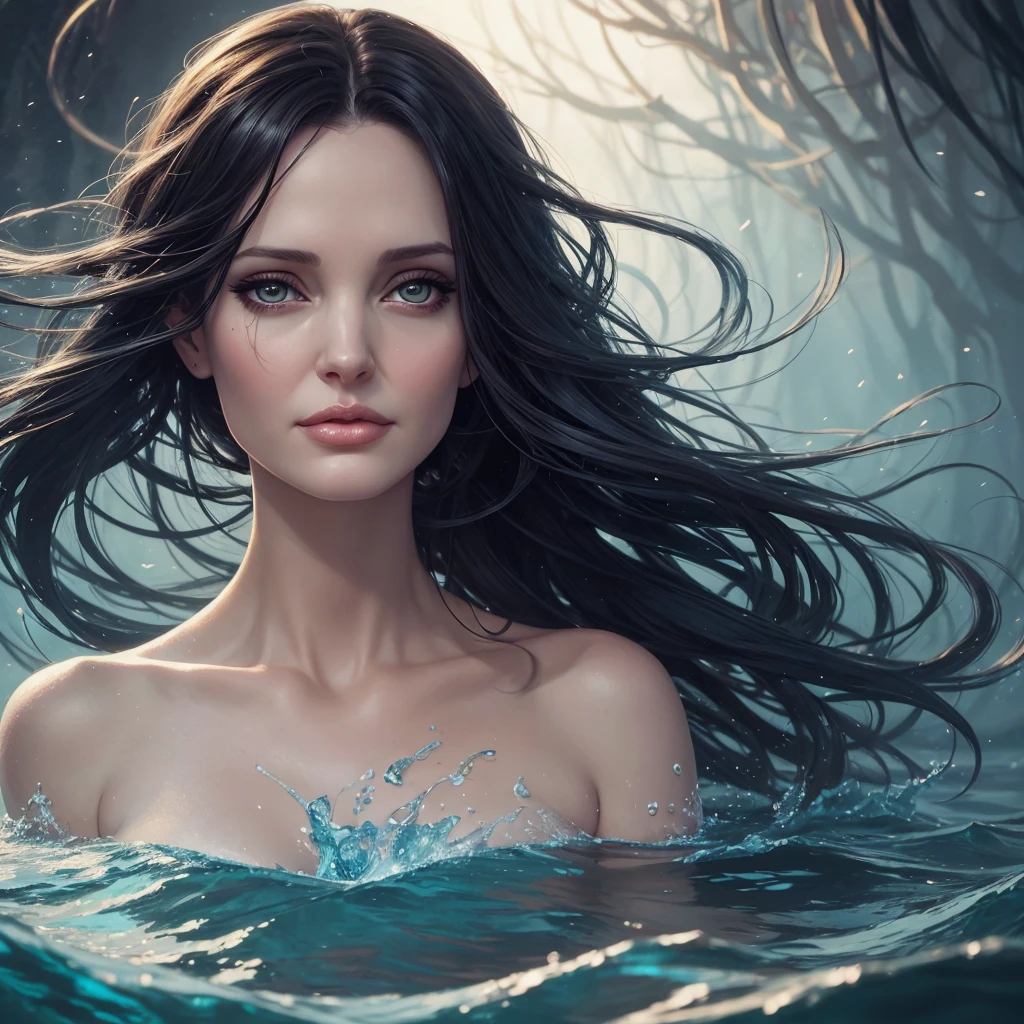 front view oil painting of a woman with face of Winona Ryder morphed with Angelina Jolie laughing with gigantic hairdo, laying back ona a water surface, upper body pointing up from water surface like two islands, tears of joy, stunning digital illustration, beautiful fantasy art portrait, a beautiful artwork illustration, charlie bowater rich deep colors, artstyle tom bagshaw, beautiful digital illustration, beautiful fantasy portrait, portrait of a dark fantasy nymph, exquisite digital illustration, in style of anna dittmann