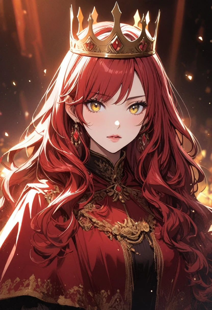 female, queen, red royal robe, red hair, yellow eyes, pretty, long hair