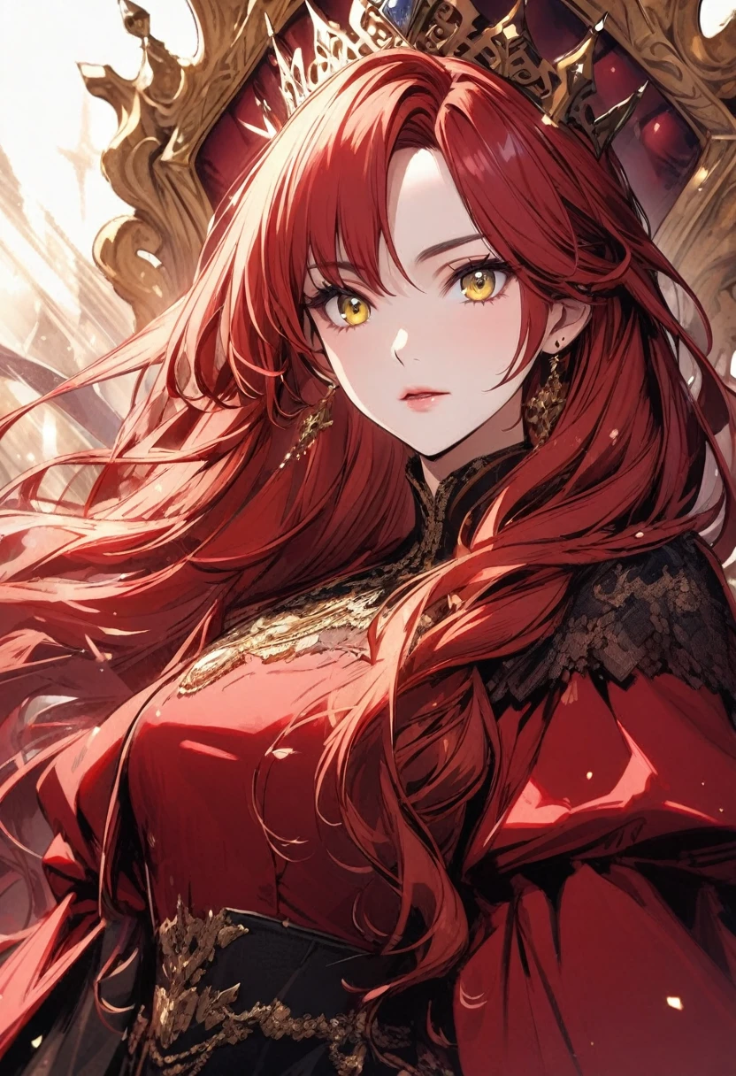 female, queen, red royal robe, red hair, yellow eyes, pretty, long hair