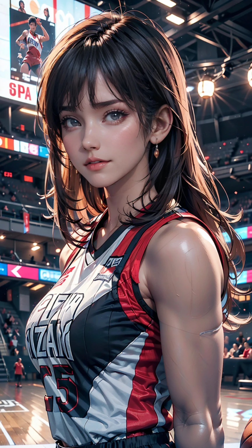(8k, Highest quality, masterpiece:1.2), (Realistic, photo-Realistic:1.37), Very detailed,Highest quality, Ultra-high resolution, Professional Lighting, Photon Mapping, Radio City, Physically Based Rendering, Cinema Lighting, Basketball court,Depth of written boundary, Sharp focus,Sunbeam, Good composition,(Bokeh:1.2) One girl,alone,(whole body), (Mouth closed),Beautiful attention to detail, Pause, Tight waist,Basketball Uniforms, Black Hair,Messy Hair,Long hair blowing in the wind,(Urzan-6500:1.2), Mix 4, Hello