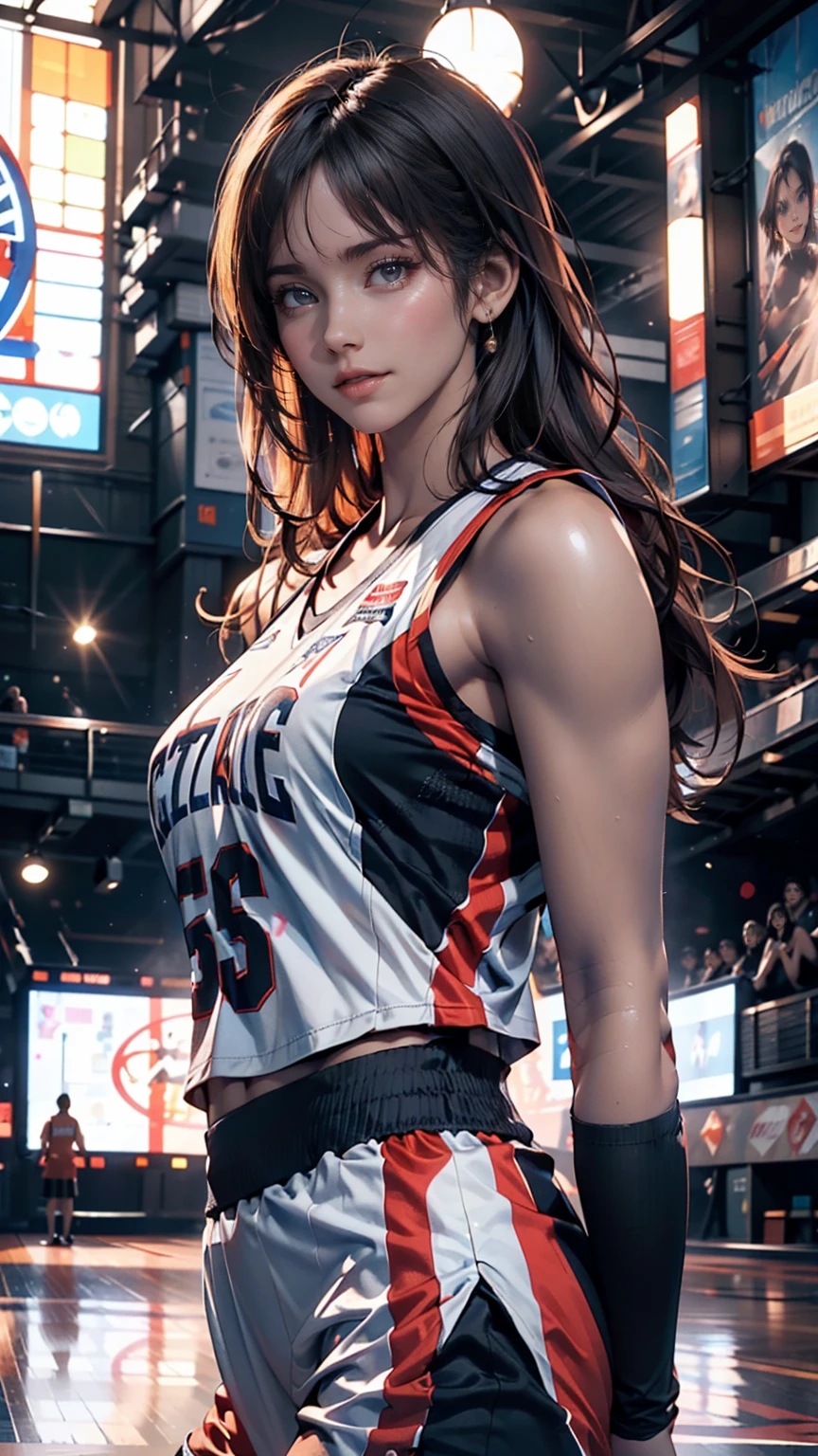 (8k, Highest quality, masterpiece:1.2), (Realistic, photo-Realistic:1.37), Very detailed,Highest quality, Ultra-high resolution, Professional Lighting, Photon Mapping, Radio City, Physically Based Rendering, Cinema Lighting, Basketball court,Depth of written boundary, Sharp focus,Sunbeam, Good composition,(Bokeh:1.2) One girl,alone,(whole body), (Mouth closed),Beautiful attention to detail, Pause, Tight waist,Basketball Uniforms, Black Hair,Messy Hair,Long hair blowing in the wind,(Urzan-6500:1.2),  Mix 4, Hello