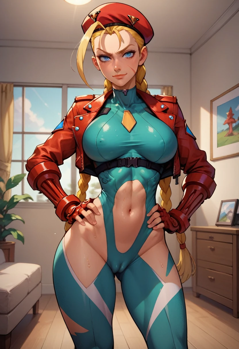 score_9, score_8_up, score_7_up, score_6_up, BREAK Cammy White, wearing bicycle outfit, big breasts, evil smirk,one hand on hip, sweating, in a living room, looking at viewer, cameltoe