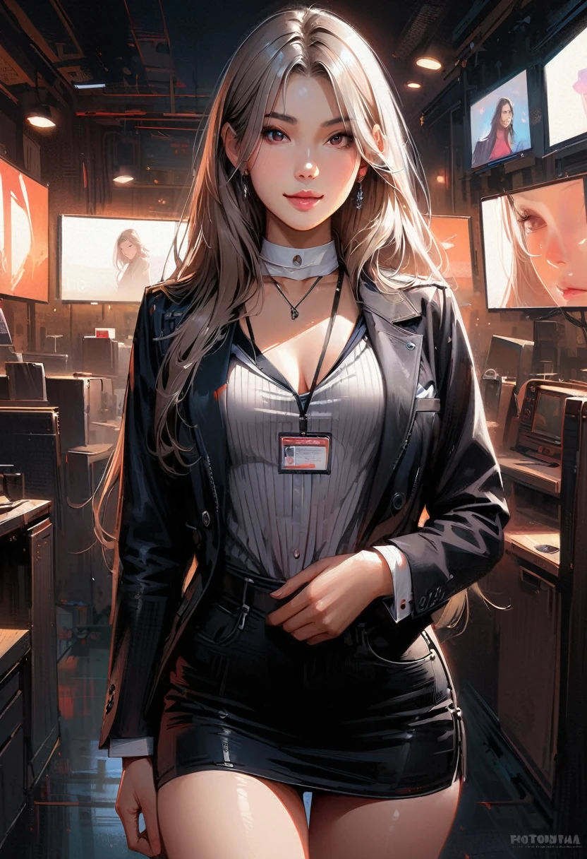 (masterpiece:1.2, Highest quality), (Realistic, photoRealistic:1.4), Beautiful illustrations, (Natural Side Lighting, Cinema Lighting),
View your viewers, Cowboy Shot, Front view, 1 girl, Japanese, high school girl, Perfect Face, Cute and symmetrical face, Glowing Skin, Baby Face,
(Long Hair, Straight hair, Silver Hair), Hair between the eyes, Purple eyes, (Middle chest, Captivating thighs, Big Ass), Earrings,
Beautiful Hair, Beautiful Face, Beautiful attention to detail, Beautiful clavicle, Beautiful body, Beautiful breasts, Beautiful thighs, Beautiful feet, Beautiful fingers,
((Long sleeve, White collar striped shirt, Black suit jacket, Black Pencil Skirt), ID card, strap, Black high heels),
(Beautiful views), evening, office, walk, (Cute smile, Upward glance),