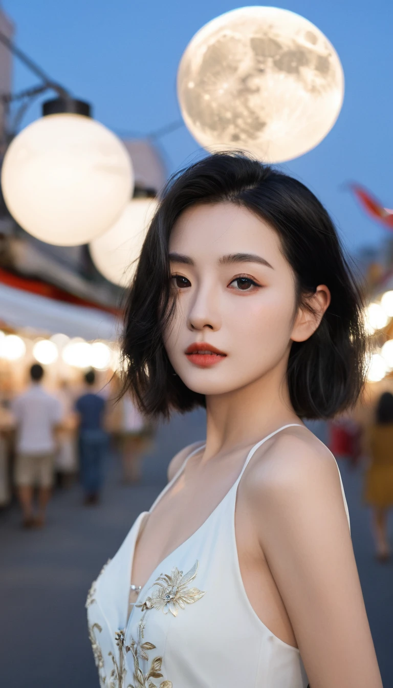 masterpiece, best quality, Miranda, (Half-length photo,Street Lights,moon),masterpiece, 1 Girl, Solo exhibitions, Beautiful woman on the busy street, Surrounded by vendors, Beautiful goddess girl portrait, Beautiful and delicate face, Porcelain skin, (((Half-length photo, center, night, Black Hair, short hair)), Super soft light, symmetry, complex, grace, High Detail, realism, Art, concept Art,