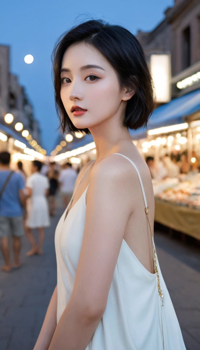 masterpiece, best quality, Miranda, (Half-length photo,Street Lights,moon),masterpiece, 1 Girl, Solo exhibitions, Beautiful woman on the busy street, Surrounded by vendors, Beautiful goddess girl portrait, Beautiful and delicate face, Porcelain skin, (((Half-length photo, center, night, Black Hair, short hair)), Super soft light, symmetry, complex, grace, High Detail, realism, Art, concept Art,