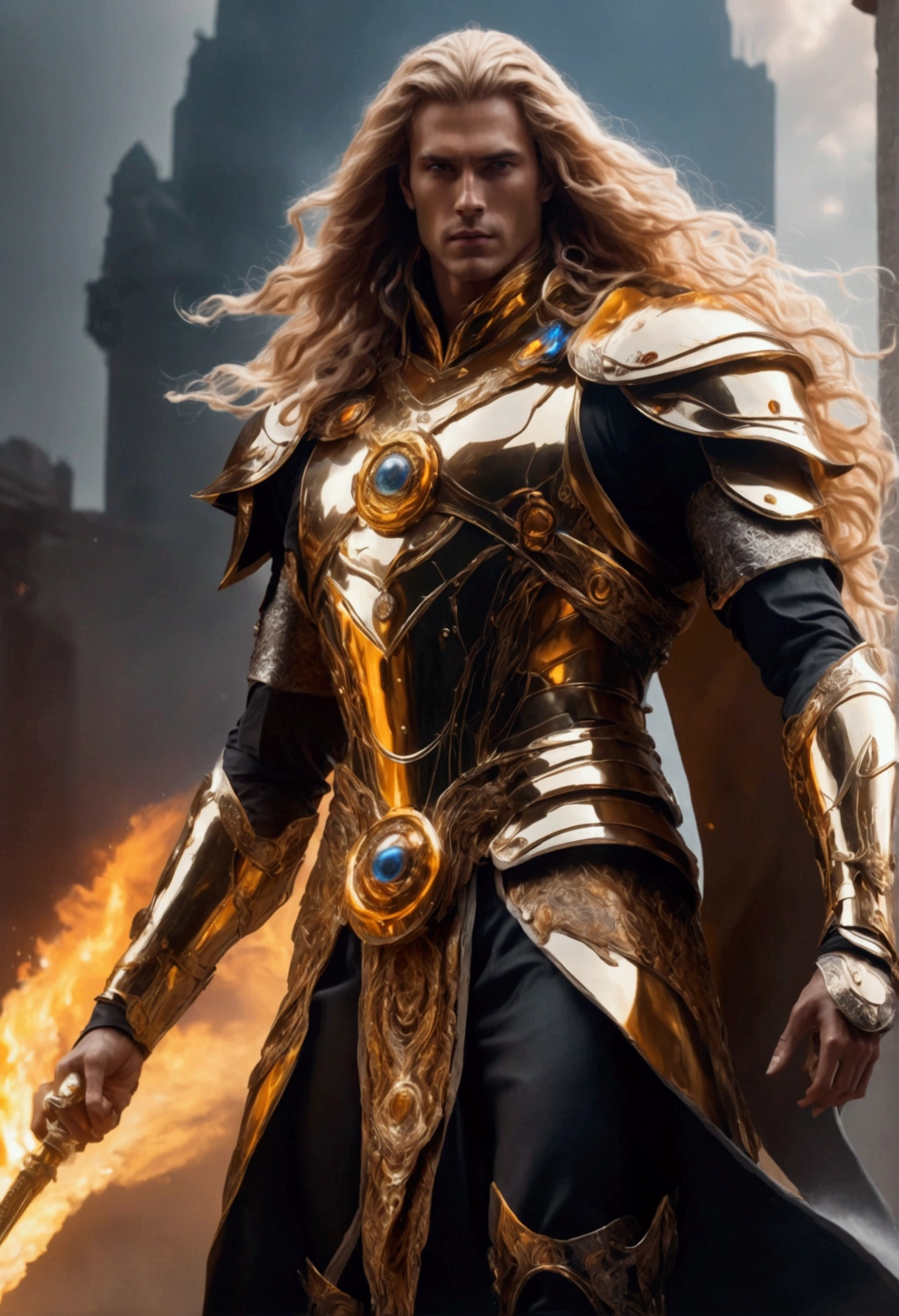 a tall man warrior in perfect body proportion, perfect face, perfect body, futuristic royal regalia, wet cloak, very long-golden hair, blowing hair, weapon-armor, google helmet, medusa head, one hand pointing the sky, high heels, chakra-golden rays surrounded, mystical aura, ethereal, fire element, death massive-flames in background, dark moon, unreal engine, cinema art photographic, cinematic motion picture, 8k, super detailed, bottom view, bottom camera angle