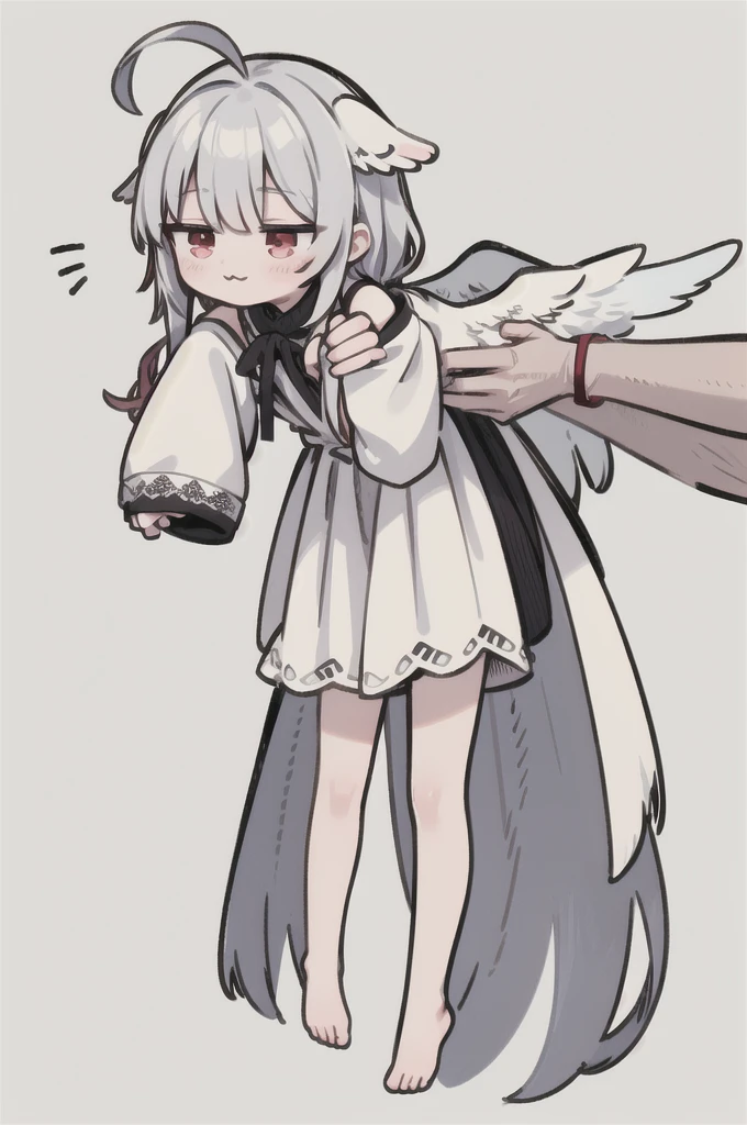 Little,:3,whole body,Ahoge,IncrsLcmSolo,long body,Sundress,  Long Hair, Red eyes, Gray Hair, (Sleeves are longer than the wrist:1.2), (Sleeves are longer than your fingers:1.2),Long sleeve, (Angel Wings:1.2),Angel Wings, Hello, 
 Simple Background, White Background,