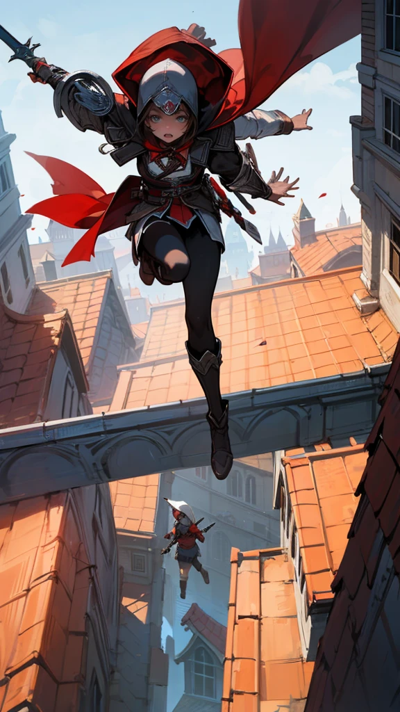 girl from Assassin's Creed jumping from roof to roof, in a hood, in black and red