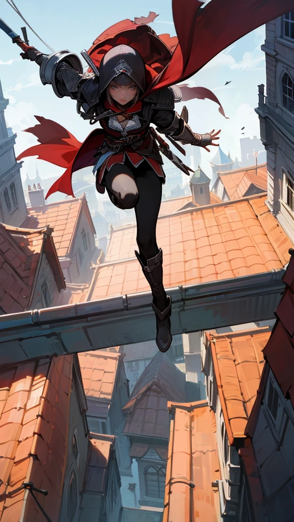 girl from Assassin's Creed jumping from roof to roof, in a hood, in black and red