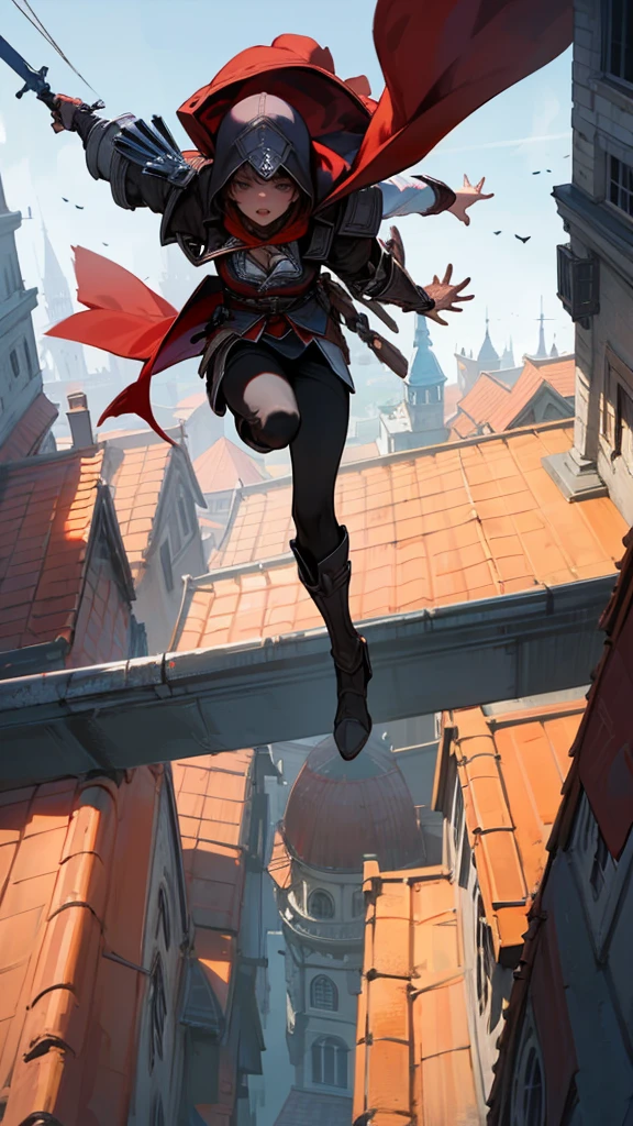 girl from Assassin's Creed jumping from roof to roof, in a hood, in black and red