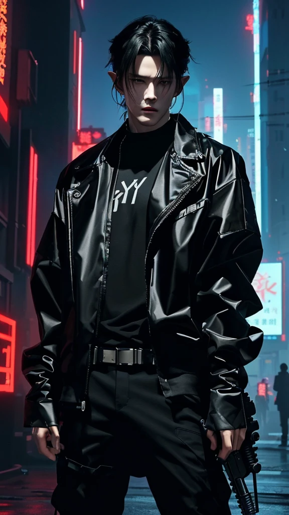 a man with a gun in his hand and a black shirt, inspiration from Yanjun Cheng, by Yang J., guweiz style artwork, modern cyberpunk anime, Cai Xukun, anime ciberpunk, trend on artstation pixiv, v the devil can cry like an elf, cyberpunk anime digital art, highly detailed exquisite fanart, anime rudo 8K