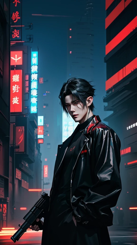 a man with a gun in his hand and a black shirt, inspiration from Yanjun Cheng, by Yang J., guweiz style artwork, modern cyberpunk anime, Cai Xukun, anime ciberpunk, trend on artstation pixiv, v the devil can cry like an elf, cyberpunk anime digital art, highly detailed exquisite fanart, anime rudo 8K