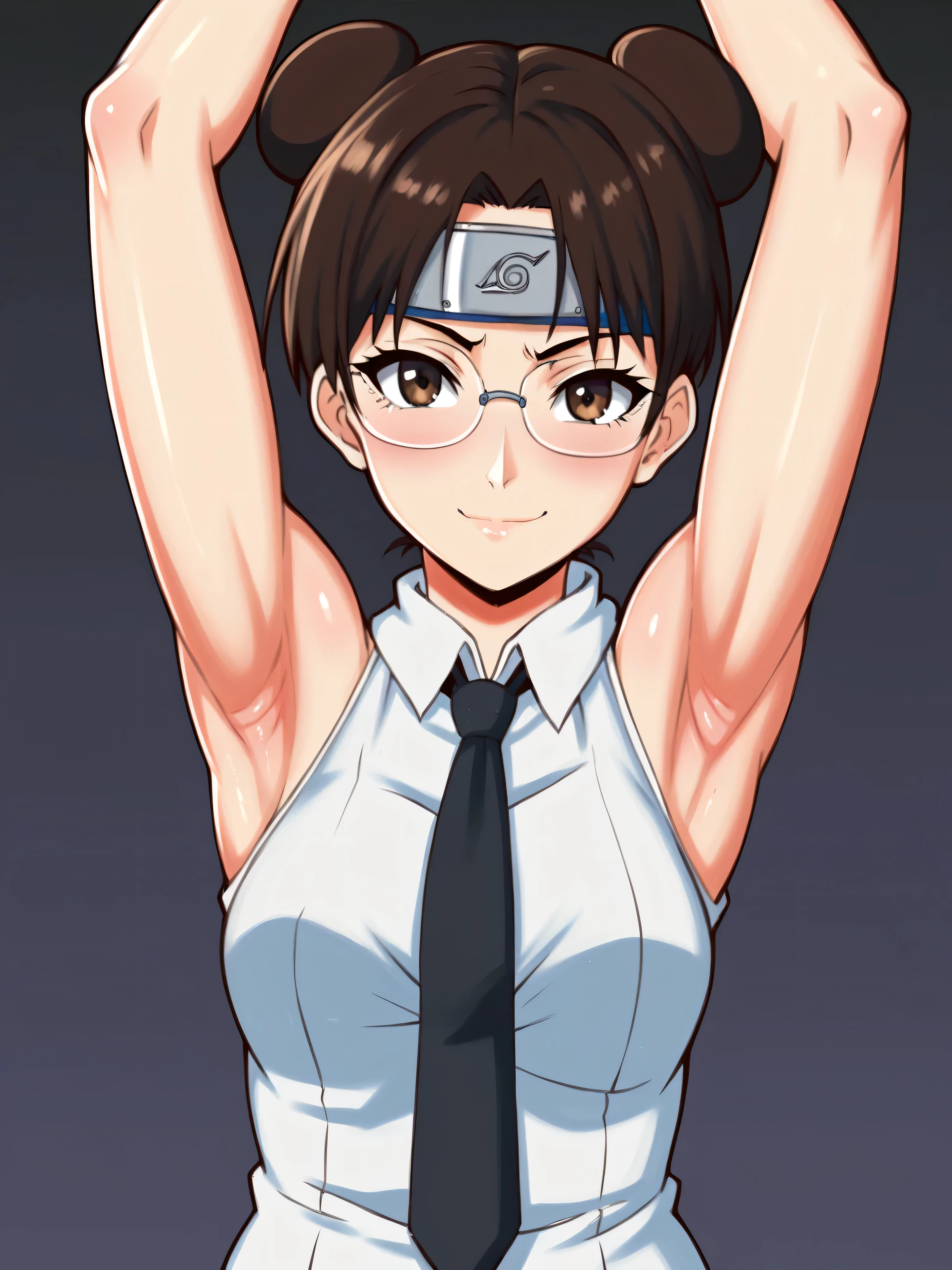forehead protector, konohagakure symbol, ytenten, brown eyes, brown hair, short hair, double bun, glasses, tie, necktie, black necktie, office lady, shirt, collared shirt, white shirt, formal shirt, sleeveless shirt, sleeveless, bare shoulders, bare arms, 1girl, solo, anime screencap, frontlighting, (simple background, black background, dark background:1.3), masterpiece, absurdres, hdr, soft light, best quality, detailed, highres, shiny skin, shiny hair, (looking at viewer, eye contact with viewer:1.3), (smile:1.2), closed mouth, (smug:0.8), light blush, arms up, raised arms, armpits, in the center, symmetrical, upright, score_8_up,