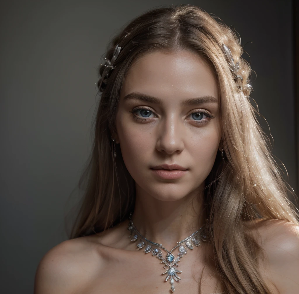 (best quality,4k,8k,highres,masterpiece:1.2), ultra-detailed, (realistic,photorealistic,photo-realistic:1.37),white long-haired woman, portrait, fair-skinned, symmetrical eyes, intricate eyes, sparkling white eyes, moon silver intricate hair accessory, mosaic starry pattern background,moonlight spotlight, high contrast, attention-grabbing shadows, detailed shadows, immaculate craftsmanship, masterpiece, top-quality, top-notch image quality(( goddess of women))