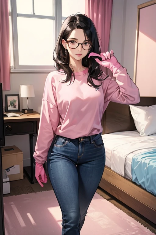 A mature woman with glasses and black hair in a sweatshirt and jeans caresses a in her room wearing large pink rubber gloves