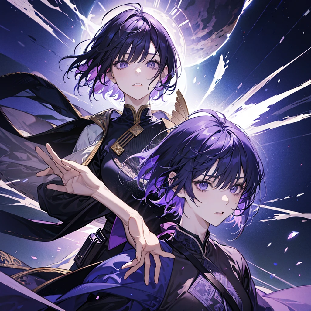 Straight Hair, Short Hair,Nape,Slanted Eyes, Odd Eye,Purple Hair, ＭCharacter bangs,anime, male


