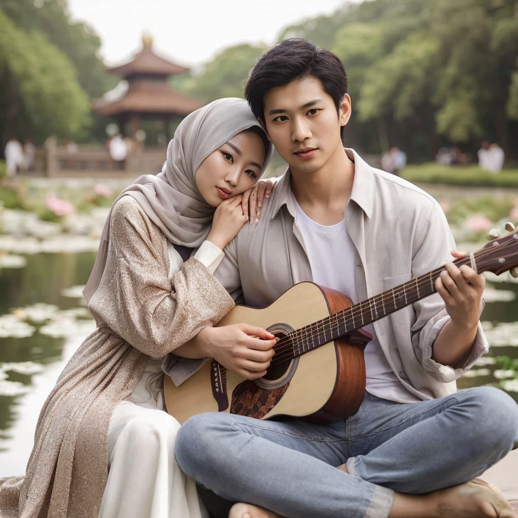 full body displays super HD high resolution photos of sweet Asian couples. A beautiful Asian woman wearing a hijab wearing a long-sleeved robe is sitting hugging her handsome husband wearing a shirt playing the guitar. they were on the edge of a lake with a beautiful garden. the image looks real and clear