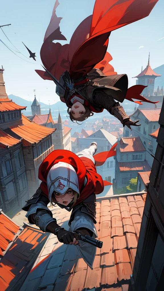 girl from Assassin's Creed jumping from roof to roof, in a hood, in black and red