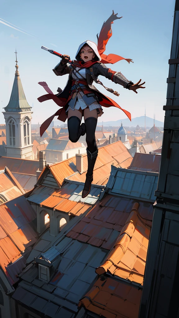 girl from Assassin's Creed jumping from roof to roof, in a hood, in black and red