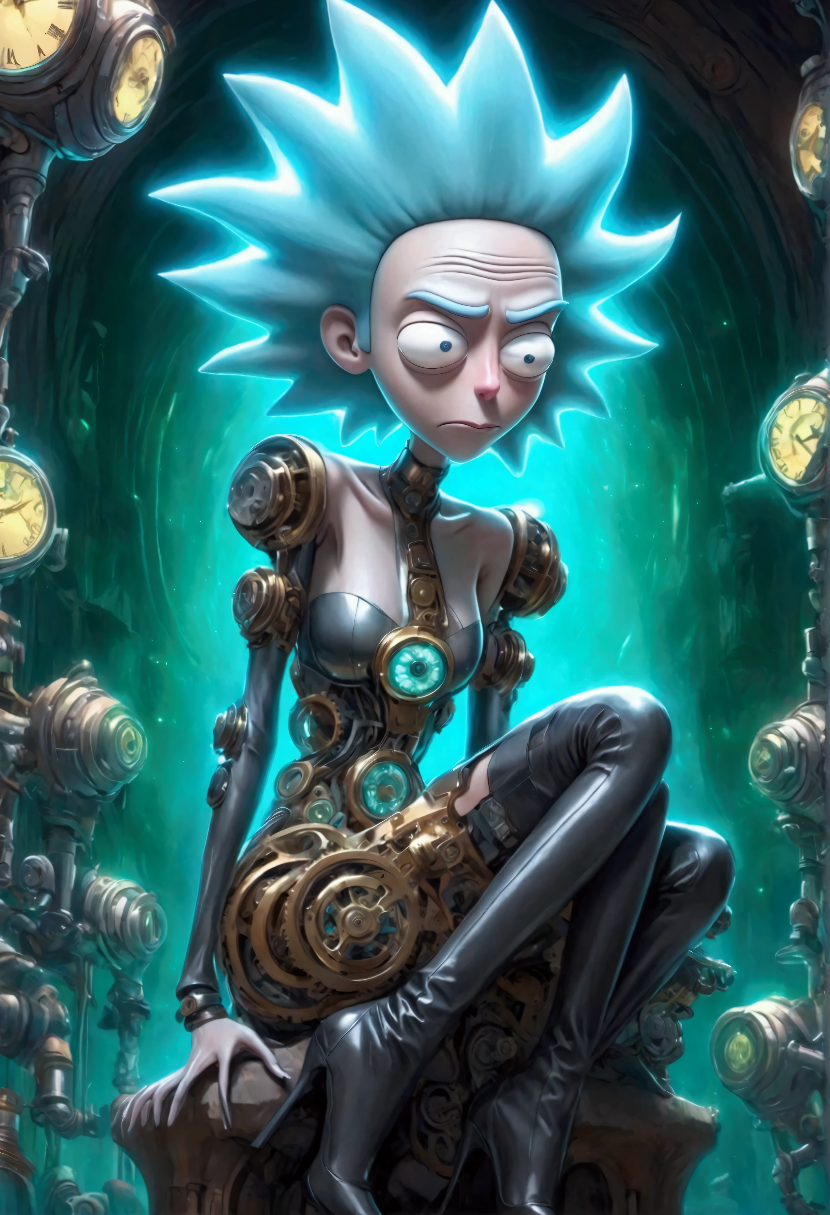 RICK AND mORTY'S, Rick, is watching a fashion show in a world of clockwork people. Cute clockwork woman (age 25, high heels, sexy dress, semi transparent skin showing her gears) she is wearing platform knee high boots
