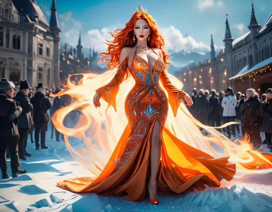 a glamour picture shot, of an elite model covered in fire walking on a icy catwalk, an extraordinary glamourous elite female model, ((full body: 1.5)),  ((anatomically correct: 1.5), (ultra detailed face: 1.2), best detailed face, orange hair, long hair, lush hair, glam hair cut, blue eyes, delicate face, light make up, wearing intricate detailed dress, glamour dress, haute couture dress, elite fashion dress, FireMagicAI,  small cleavage, wearing high heels, elegant high heels, she wears diamond necklace, she is covered in fire, she walks on an icy cat walk, image reflecting in the ice IceMagicAI, vibrant, Hyperrealism style, vibrant, Ultra-high resolution, High Contrast, (masterpiece:1.5), highest quality, Best aesthetics), best details, best quality, highres, ultra wide angle, 16k, [ultra detailed], masterpiece, best quality, (extremely detailed) RAW, chumbasket art style, photograph, photograph