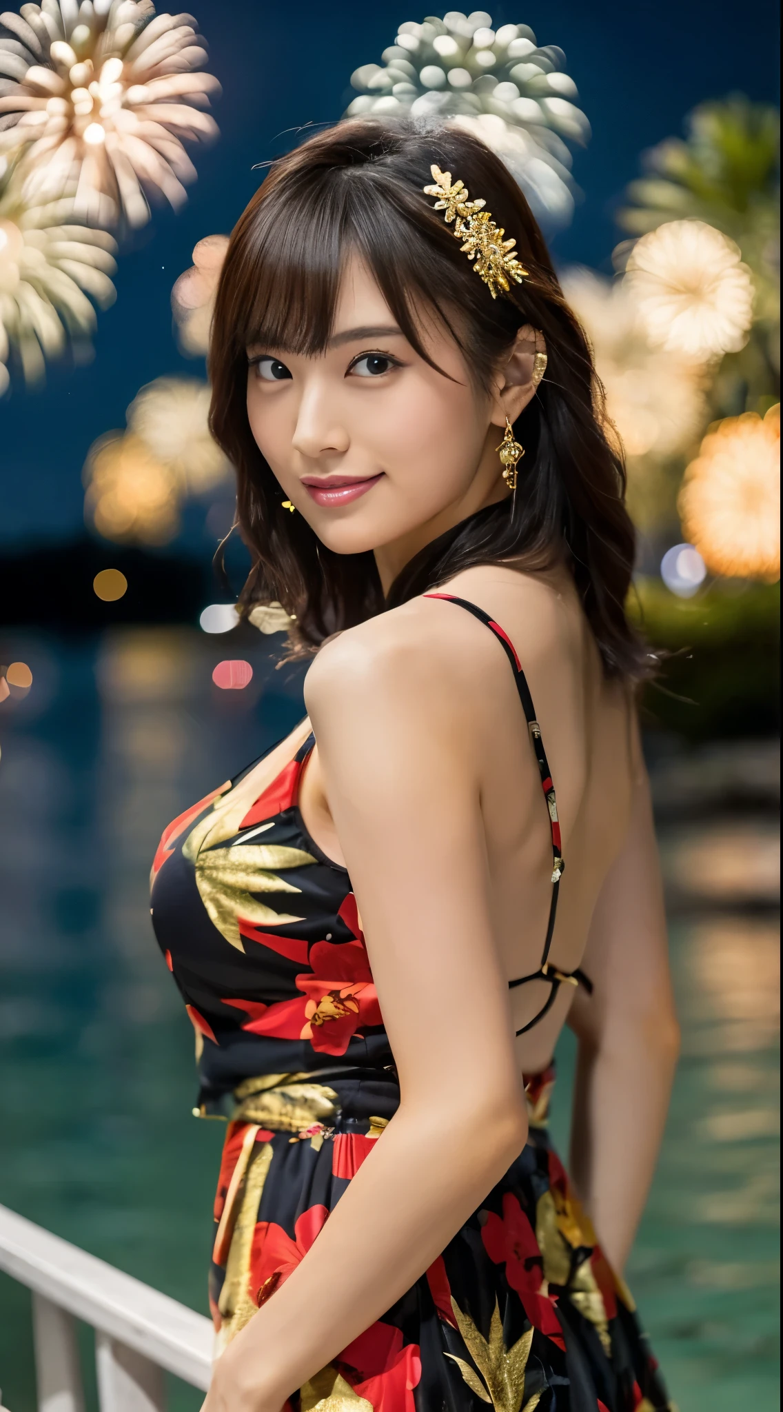 (((Masterpiece，Highest quality，Highest quality，8k，16K))，((Ultra-high resolution，Super detailed)))，Japanese，beautiful girl，sexy，glamorous，Golden Ratio Style，Camisole dress，night，Tropical Beach，Fireworks display，Fireworks、((Tropical BeachにてFireworks displayのFireworksを背景にしたスナップ写真))，