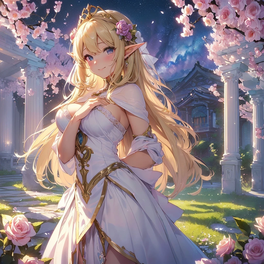 highest quality、Highest image quality、masterpiece、beautiful face、、Titania、Super beautiful elf beauty((22 years old OL big bust、bust 90,beautiful long ironed hair、blonde、Height: 165cm。slender、sexy、Esbian、beautiful tiara、night、High quality、美しいart、Beautiful bed、canopy、Sky curtain、muste piece、ビジュアルart、Depth of the bounds written、、elf ears、、Lightのmagic、universe、A happy smile、穏やかなLight、Elven Forest、cherry blossoms、、elegant、ticker beautiful decorative、marble columns、fresco、Mosaic floor、mystical　rosa、Rose、flower瓶、magicのflower、flowerを作るmagic、Light、　the sky、beautiful dressy、beautiful dresyth、ART、Lord of the Ring、sexy、friendly smile、Fantastic、cherry blossoms、舞い散るflowerびら、cherry blossomsのflower、universeのmagic、magicのLight、fantasy、flower、super REALITYたくさんのRose、magic、Interior decoration、Many tapestries、Grow fantasy、、mysteryのLight、byzantine、renaissance、Art nouveau、alphonse　Mucha、、art、art,mystery,UHD,magicalgentle light,sexy、