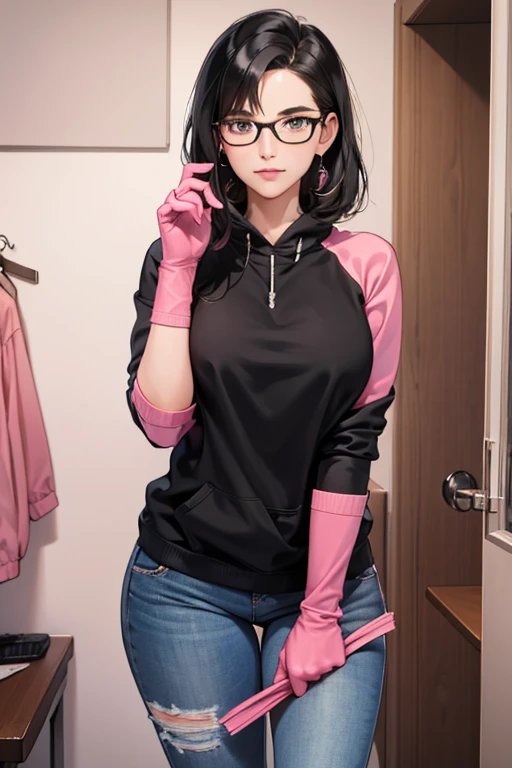 A mature woman with glasses and black hair in a sweatshirt and jeans caresses a  in her room wearing large pink rubber gloves　