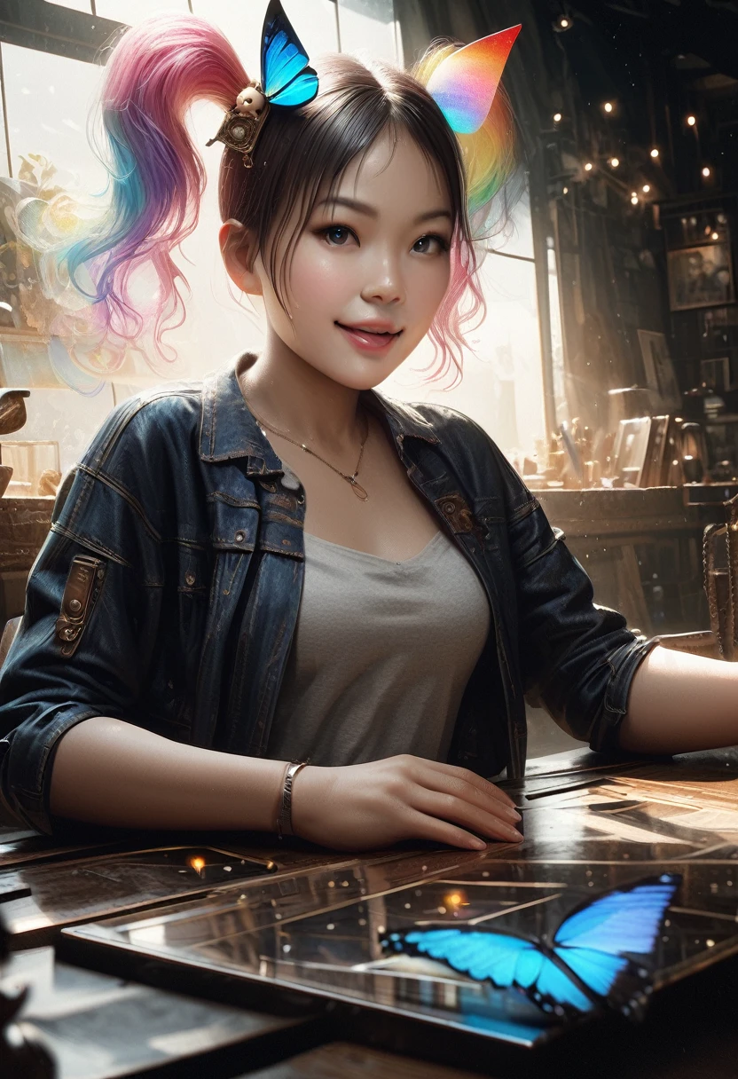 magician human、1 girl,いたずらなsmile, (Rainbow Hair:1.4),((Long twin tails,Ribbon 1.4)),(Blue butterfly hair accessory 1.3)、Futuristic magic square on night background with bright lights and bright moonlight、(Tabletop:1.3), (8k, realistic magic square(1.8),(8k, Photorealistic, RAW Photos, Highest quality: 1.4), Beautiful Face, (Realistic Face), Beautiful and beautiful eyes, (Realistic Skin), charm, Intricate details,Golden Ratio,,Dynamic pose,Dynamic Angle,Intricate details, Surreal、Face only、Laughter、smile、Face Enhancement
