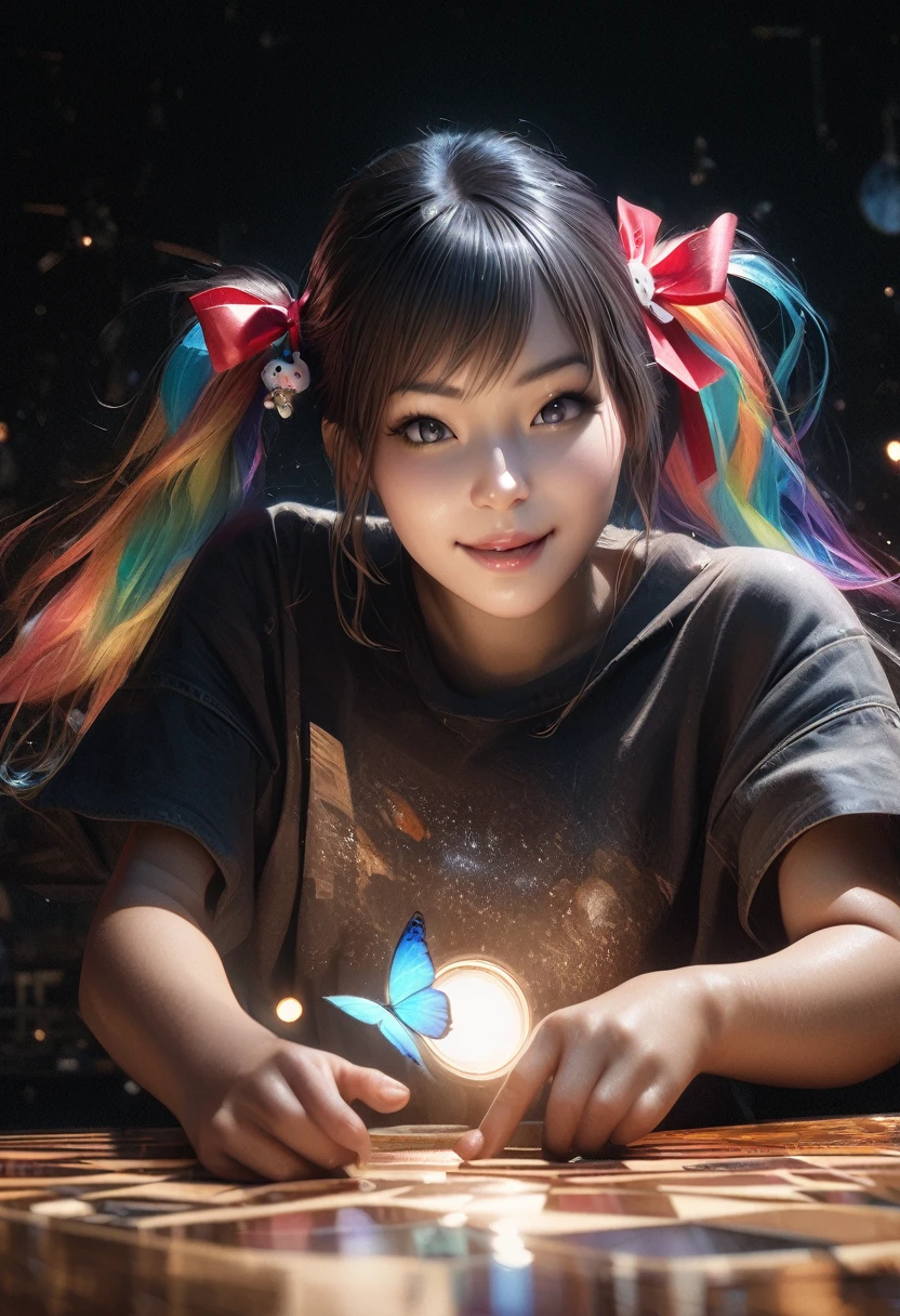 magician human、1 girl,いたずらなsmile, (Rainbow Hair:1.4),((Long twin tails,Ribbon 1.4)),(Blue butterfly hair accessory 1.3)、Futuristic magic square on night background with bright lights and bright moonlight、(Tabletop:1.3), (8k, realistic magic square(1.8),(8k, Photorealistic, RAW Photos, Highest quality: 1.4), Beautiful Face, (Realistic Face), Beautiful and beautiful eyes, (Realistic Skin), charm, Intricate details,Golden Ratio,,Dynamic pose,Dynamic Angle,Intricate details, Surreal、Face only、Laughter、smile、Face Enhancement
