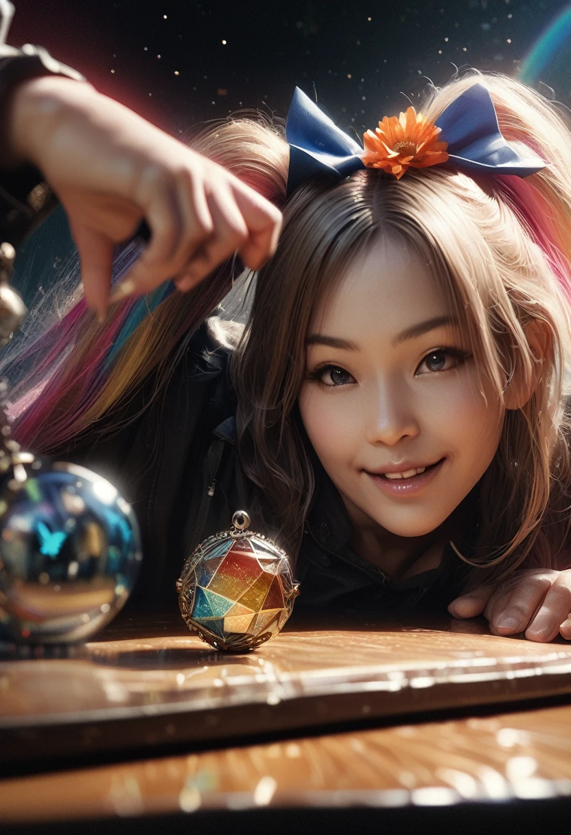 magician human、1 girl,いたずらなsmile, (Rainbow Hair:1.4),((Long twin tails,Ribbon 1.4)),(Blue butterfly hair accessory 1.3)、Futuristic magic square on night background with bright lights and bright moonlight、(Tabletop:1.3), (8k, realistic magic square(1.8),(8k, Photorealistic, RAW Photos, Highest quality: 1.4), Beautiful Face, (Realistic Face), Beautiful and beautiful eyes, (Realistic Skin), charm, Intricate details,Golden Ratio,,Dynamic pose,Dynamic Angle,Intricate details, Surreal、Face only、Laughter、smile、Face Enhancement